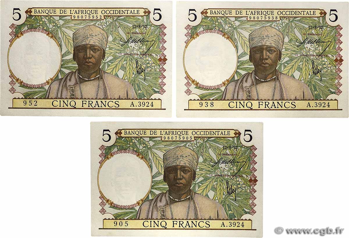 5 Francs Lot FRENCH WEST AFRICA  1937 P.21 fST+