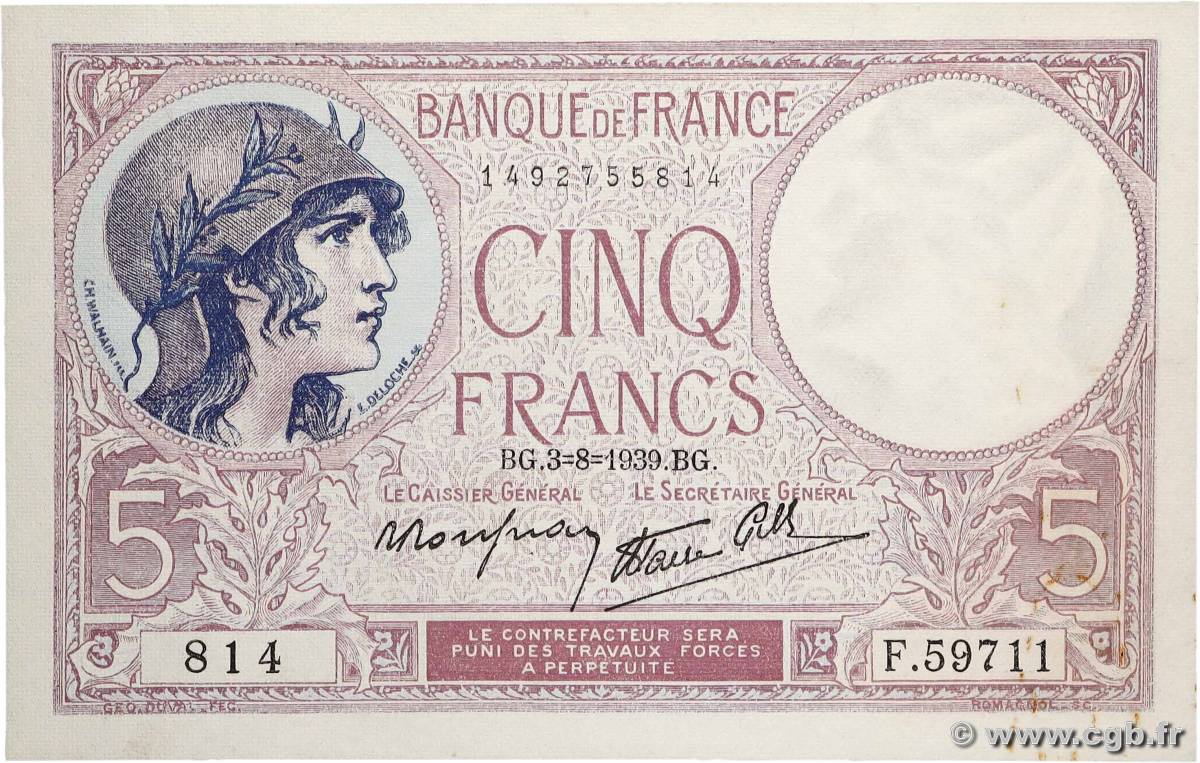 5 Francs FEMME CASQUÉE modifié FRANCE  1939 F.04.04 pr.NEUF