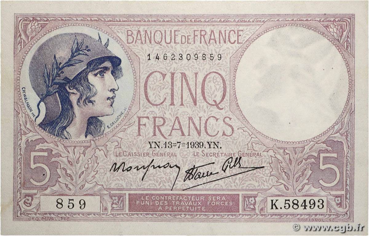 5 Francs FEMME CASQUÉE modifié FRANCE  1939 F.04.01 TTB+