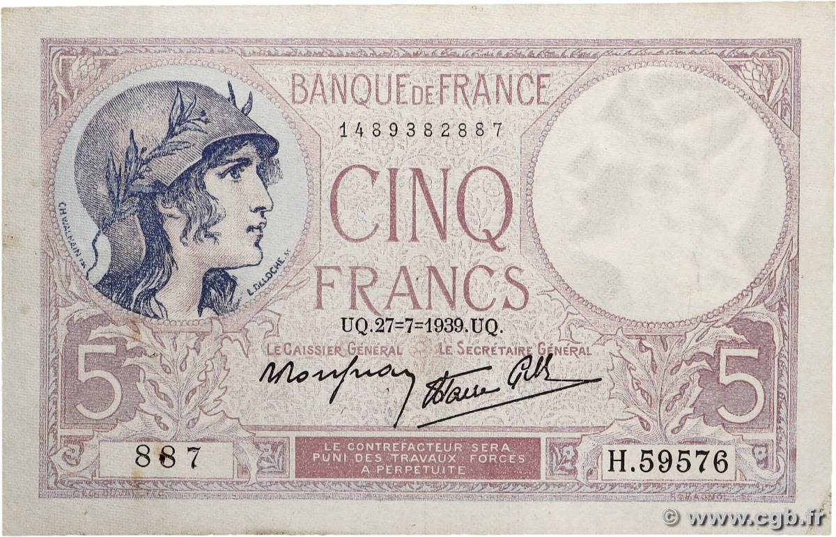 5 Francs FEMME CASQUÉE modifié FRANCE  1939 F.04.03 TB+