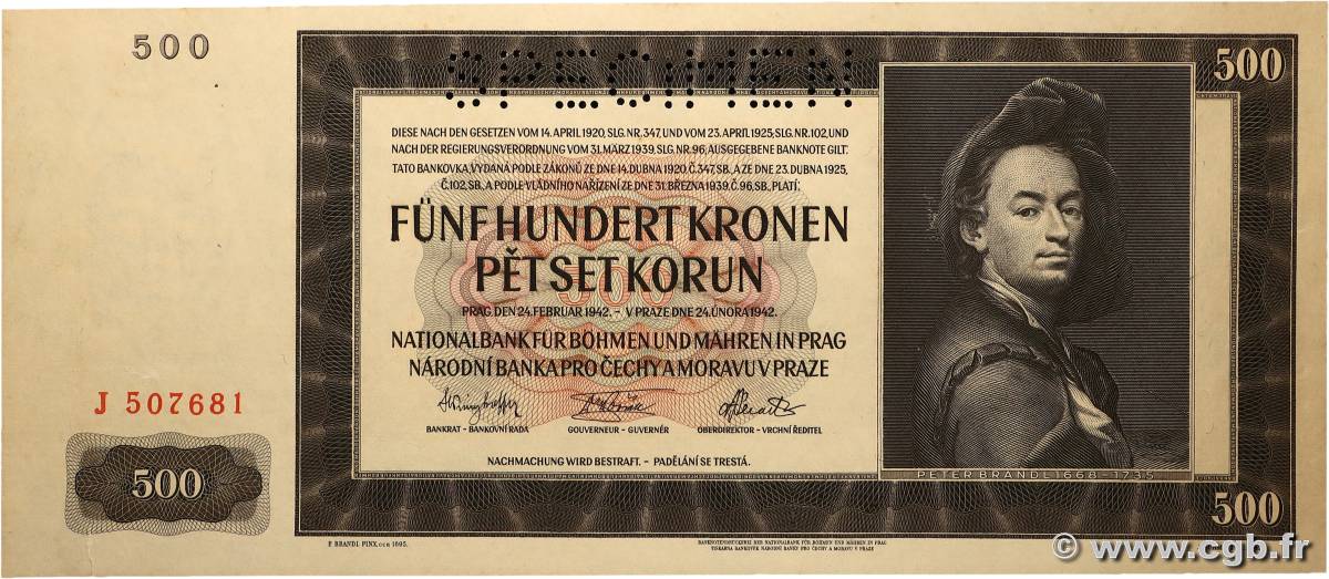 500 Korun Spécimen BöHMEN UND Mähren  1942 P.11s fST+
