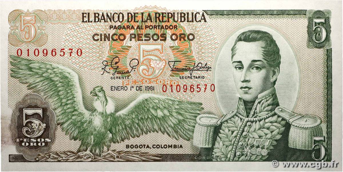 5 Pesos Oro COLOMBIE  1981 P.406f pr.NEUF
