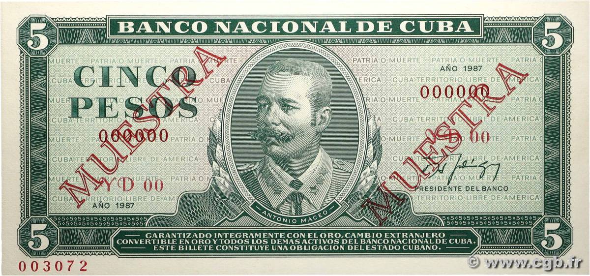 5 Pesos Spécimen CUBA  1987 P.103cs NEUF