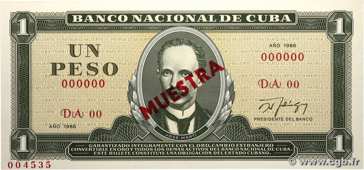 1 Pesos Spécimen CUBA  1986 P.102s2 NEUF