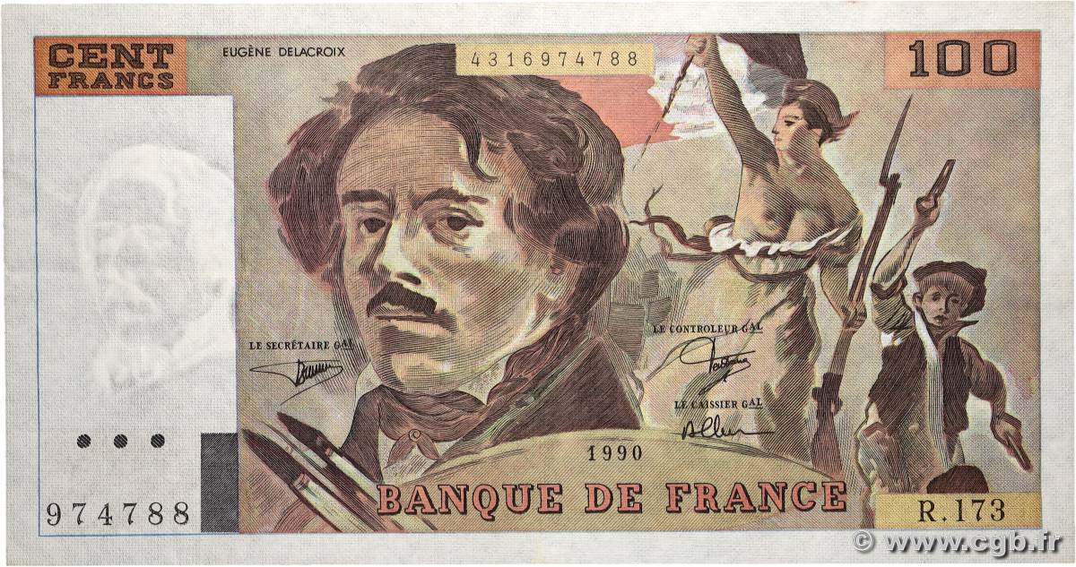 100 Francs DELACROIX imprimé en continu FRANCE  1990 F.69bis.02c TTB