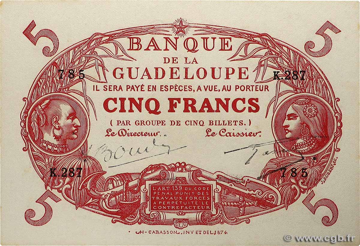 5 Francs Cabasson rouge GUADELOUPE  1945 P.07e UNC-