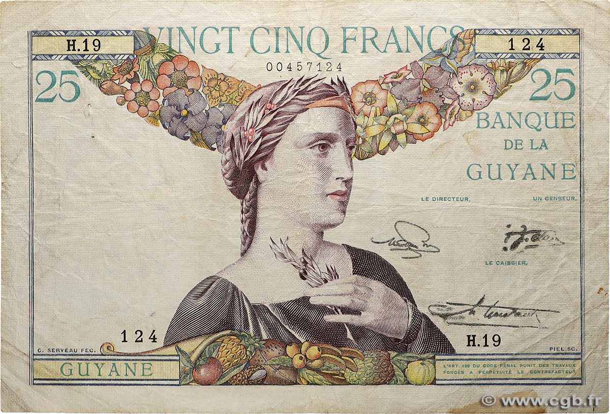 25 Francs FRENCH GUIANA  1945 P.07 fSS