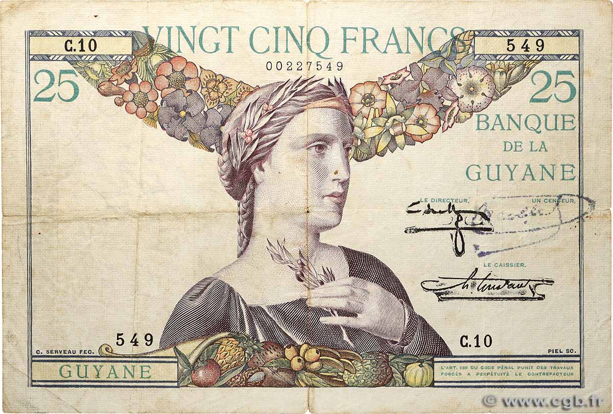 25 Francs FRENCH GUIANA  1940 P.07 F