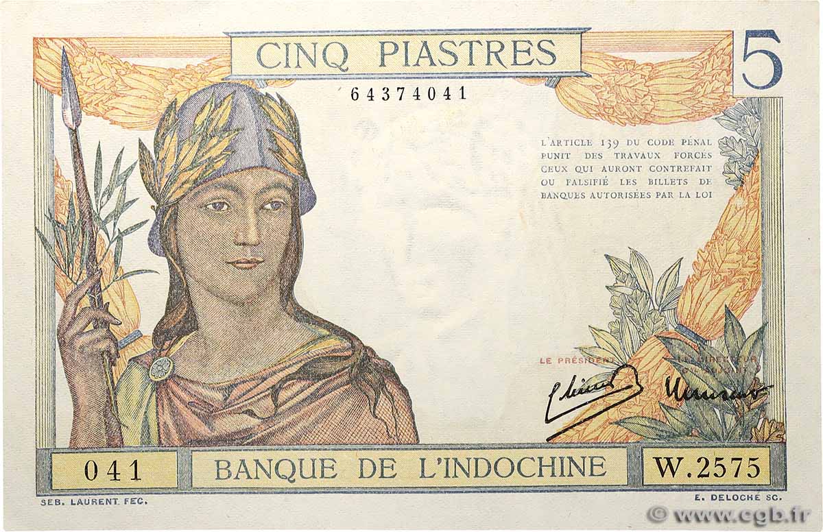 5 Piastres INDOCHINA  1946 P.055c SC+