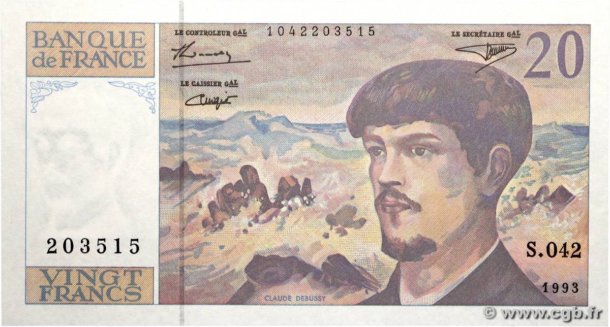20 Francs DEBUSSY à fil de sécurité FRANCE  1993 F.66BIS.05 SPL