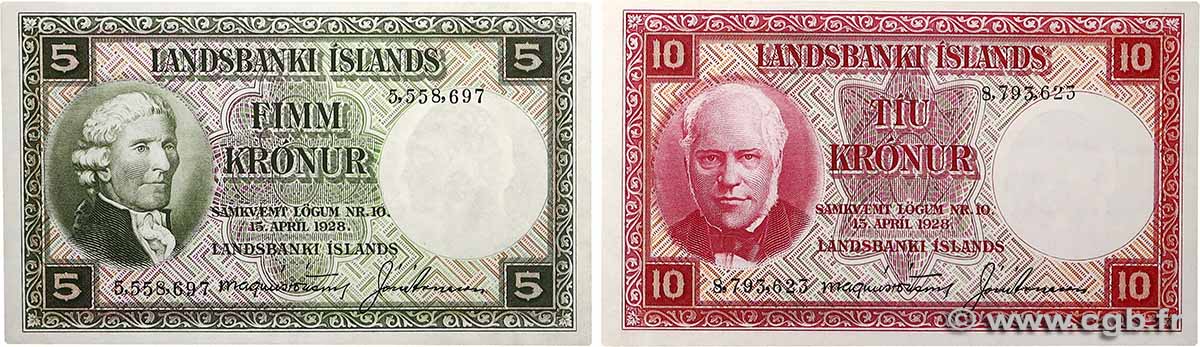 5 et 10 Kronur Lot ISLANDE  1948 P.32a et P.33a SPL+