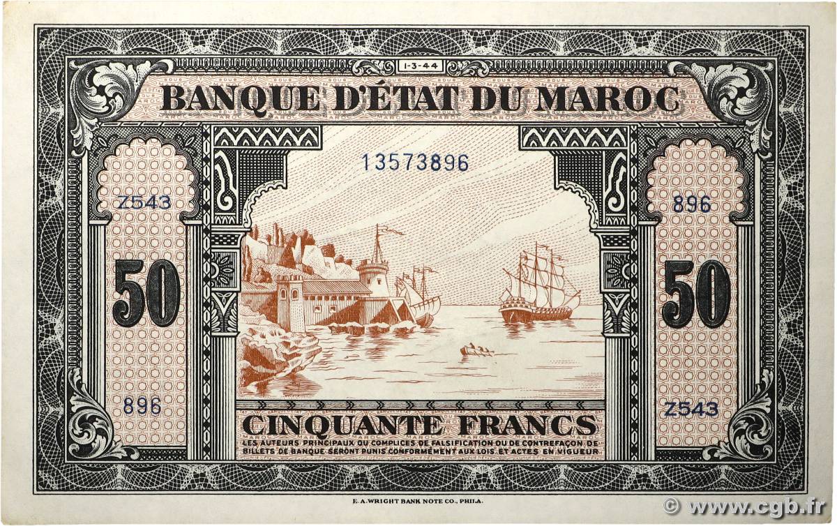 50 Francs MAROKKO  1944 P.26b fVZ