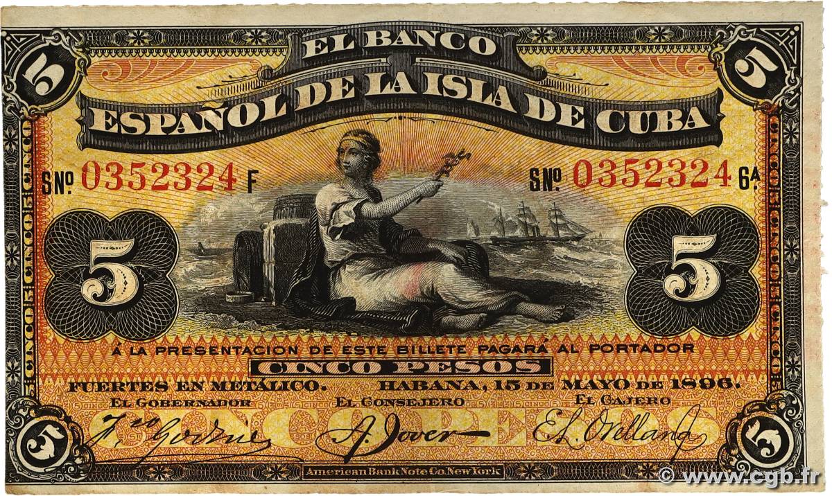 5 Pesos CUBA  1896 P.048b TTB