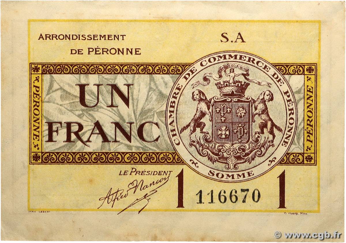 1 Franc FRANCE régionalisme et divers Péronne 1920 JP.099.02 TTB+