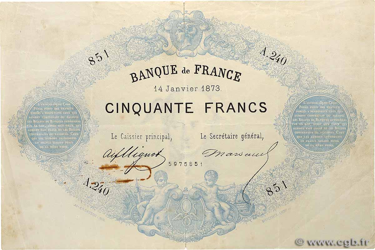 50 Francs type 1868 - Bleu à indices Noirs FRANKREICH  1873 F.A38.07 fSS
