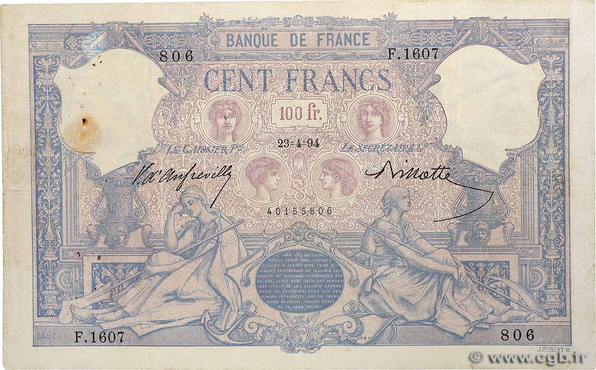 100 Francs BLEU ET ROSE FRANCE  1894 F.21.07 F-