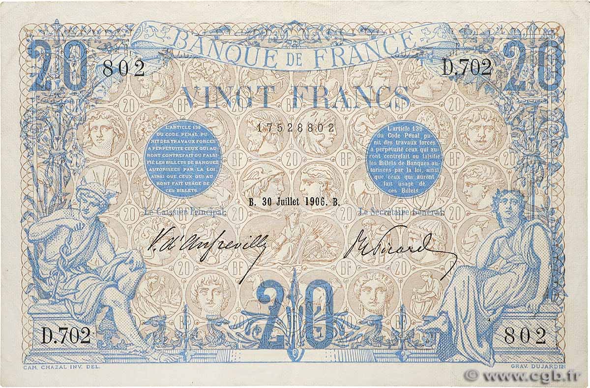20 Francs BLEU FRANCE  1906 F.10.01 VF+
