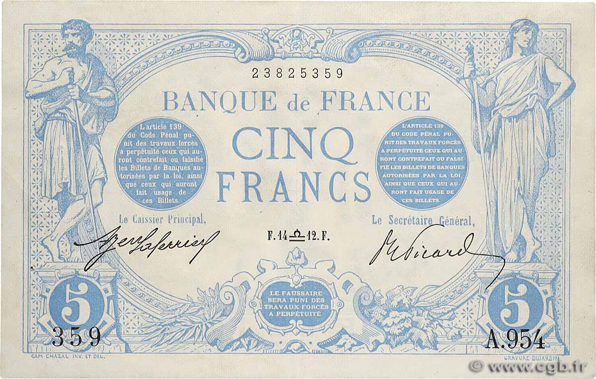 5 Francs BLEU FRANCE  1912 F.02.09 SUP