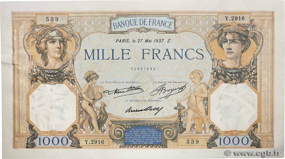 1000 Francs CÉRÈS ET MERCURE FRANCE  1937 F.37.10 AU