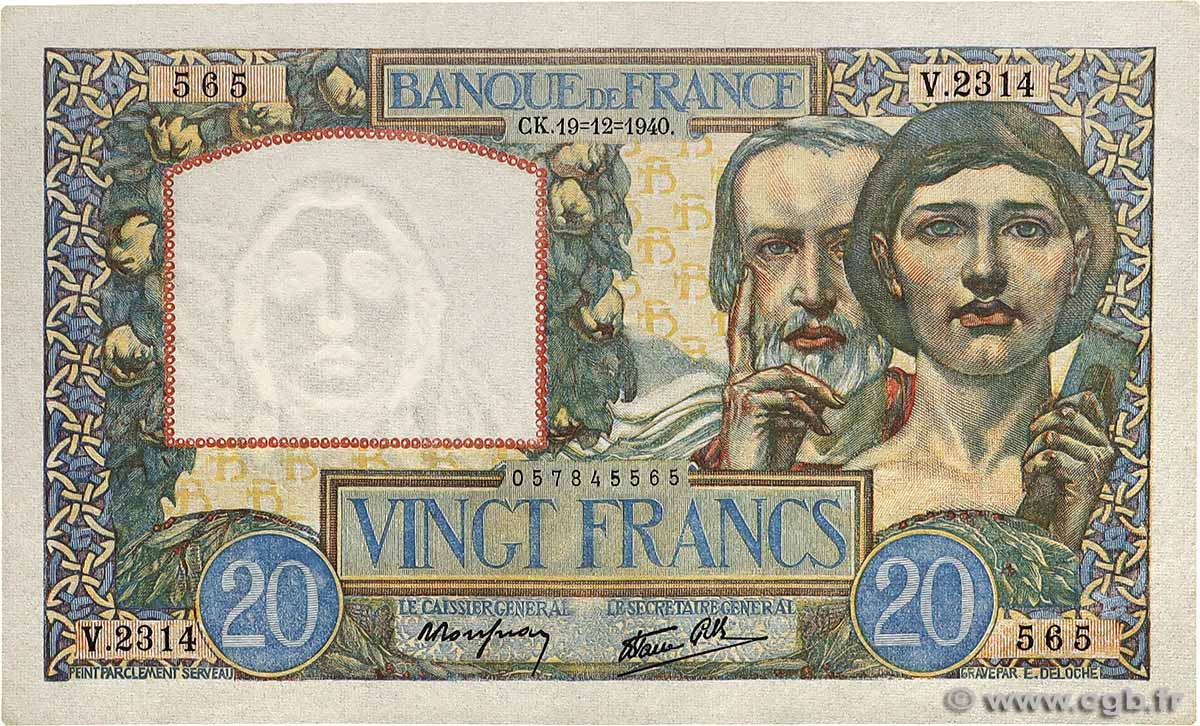 20 Francs TRAVAIL ET SCIENCE FRANCE  1940 F.12.11 UNC-