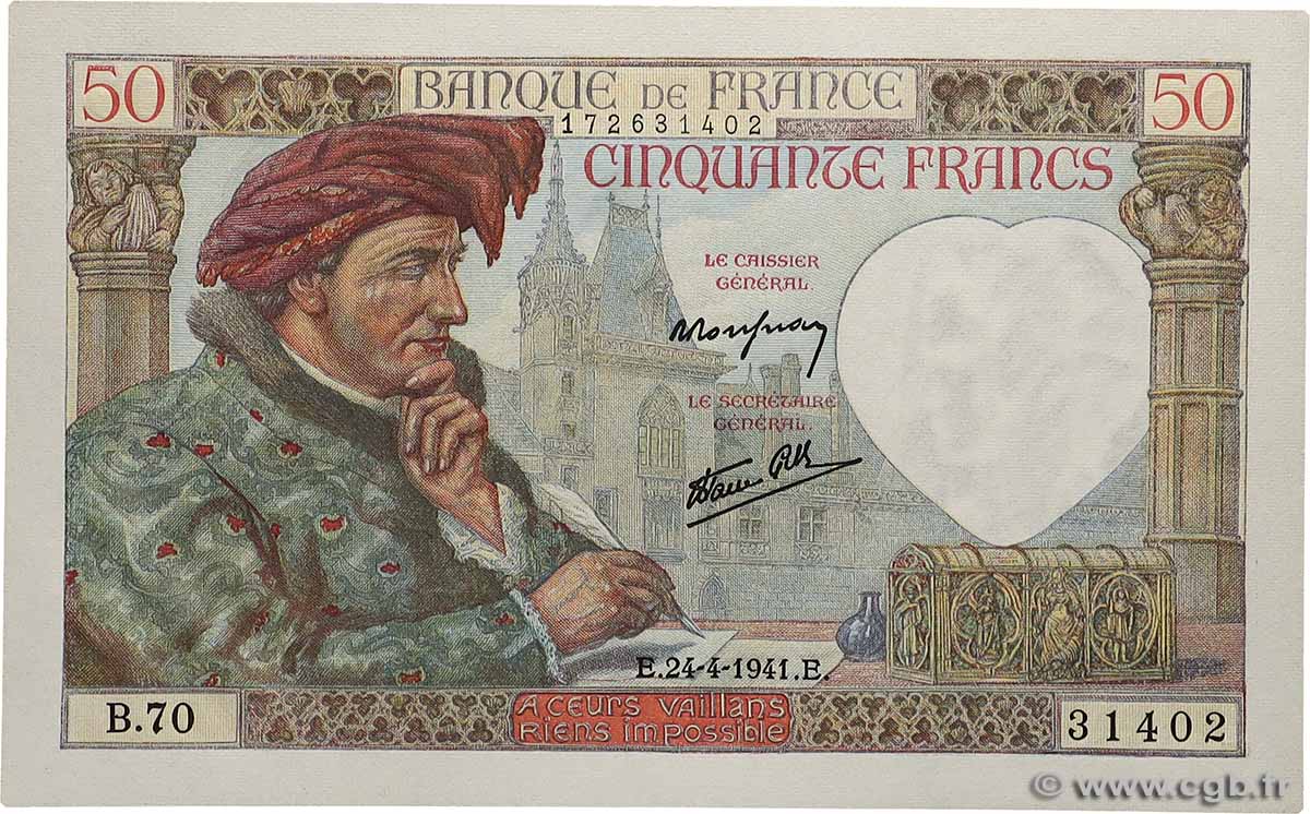 50 Francs JACQUES CŒUR FRANCE  1941 F.19.09 UNC