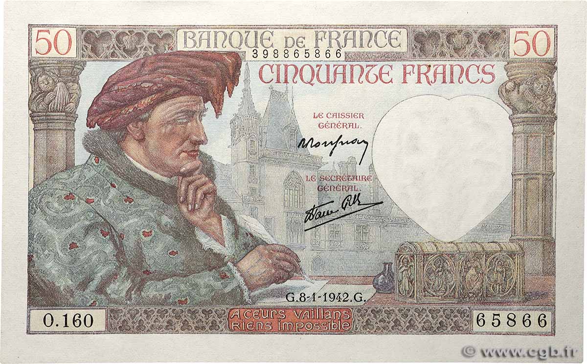 50 Francs JACQUES CŒUR FRANCE  1942 F.19.18 pr.NEUF
