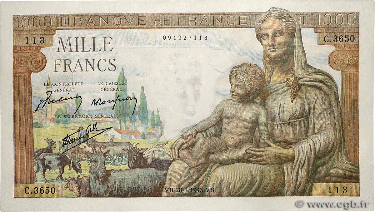 1000 Francs DÉESSE DÉMÉTER FRANCE  1943 F.40.17 UNC