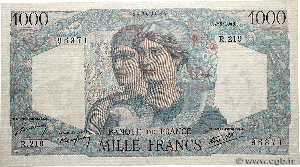 1000 Francs MINERVE ET HERCULE FRANCE  1946 F.41.12 XF+