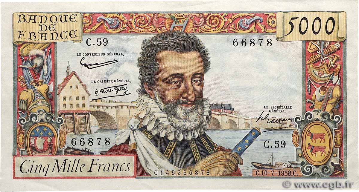 5000 Francs HENRI IV FRANCE  1958 F.49.07 XF-