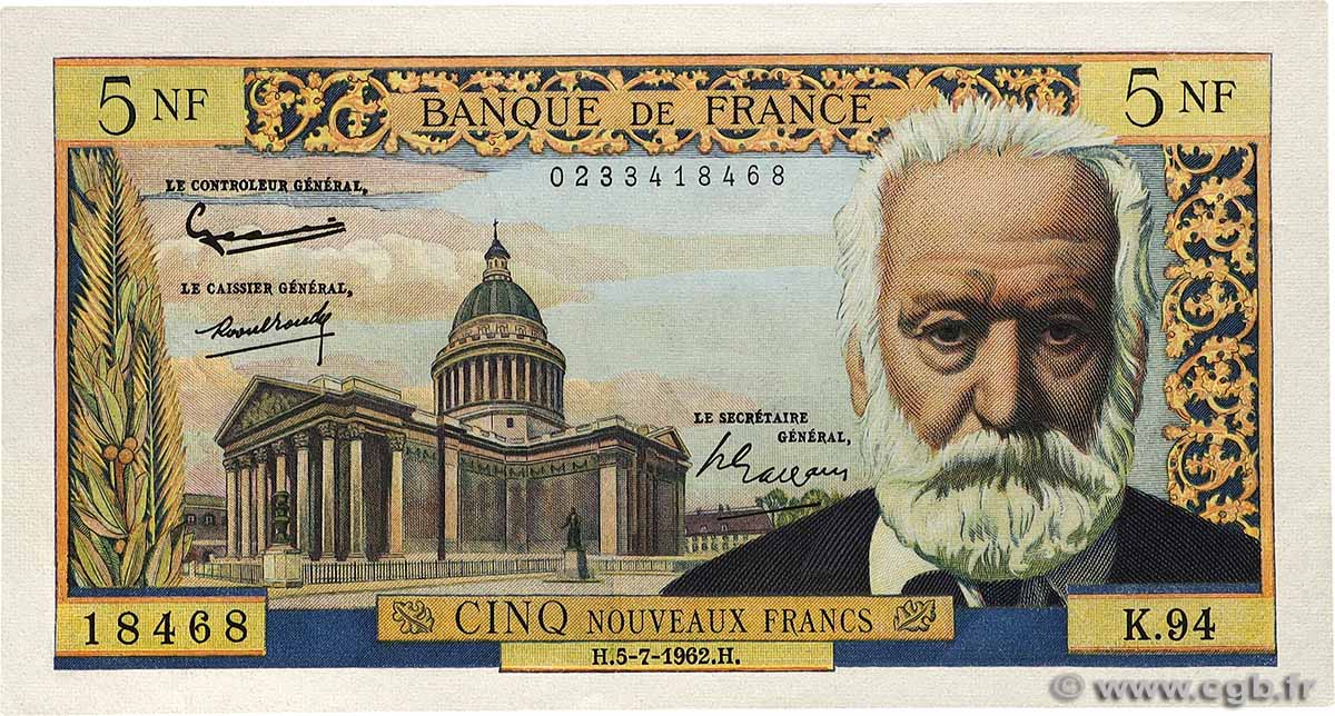 5 Nouveaux Francs VICTOR HUGO FRANCE  1962 F.56.12 AU+