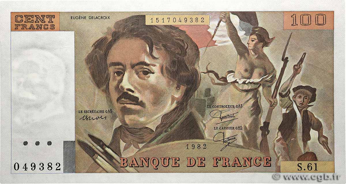 100 Francs DELACROIX modifié FRANCE  1982 F.69.06 UNC-