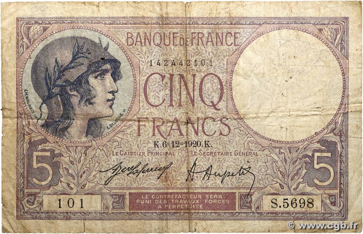 5 Francs FEMME CASQUÉE FRANCE  1920 F.03.04 B