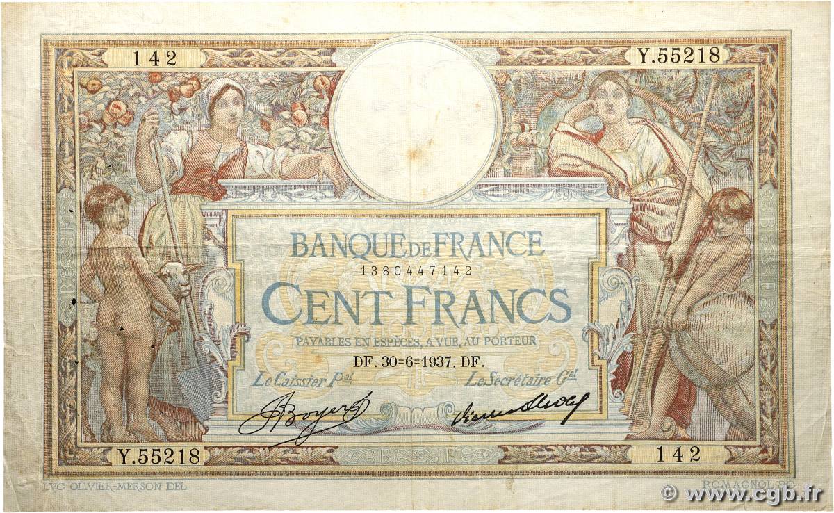 100 Francs LUC OLIVIER MERSON grands cartouches FRANCE  1937 F.24.16 TB