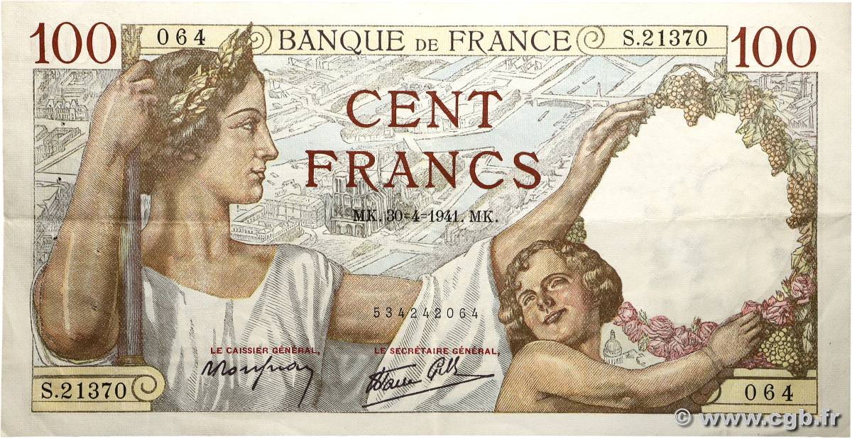 100 Francs SULLY FRANCE  1941 F.26.51 TTB+