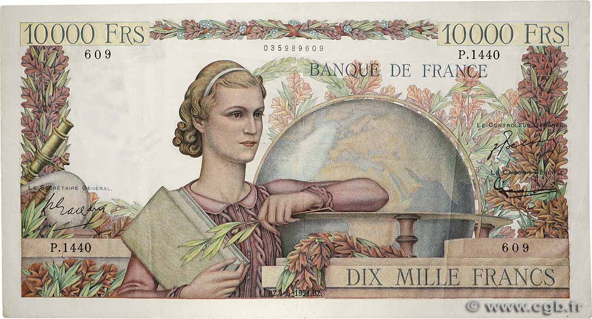 10000 Francs GÉNIE FRANÇAIS FRANCE  1951 F.50.50 VF