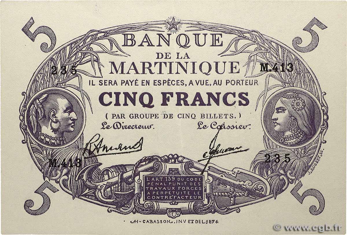 5 Francs Cabasson violet MARTINIQUE  1945 P.06 AU-