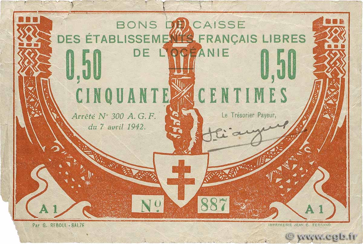 50 Centimes OCEANIA  1942 P.07 VG