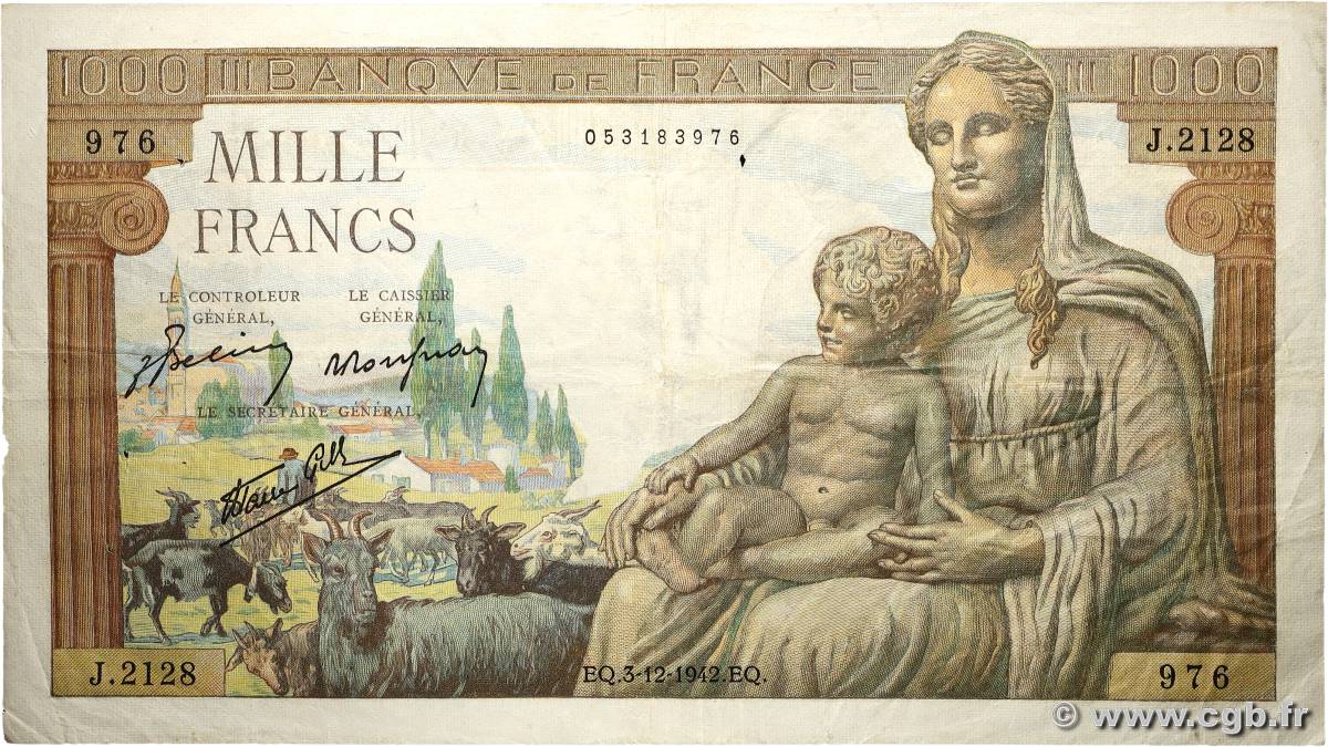 1000 Francs DÉESSE DÉMÉTER FRANCE  1942 F.40.12 TB+