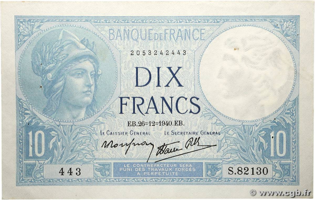 10 Francs MINERVE modifié FRANCE  1940 F.07.25 pr.SUP