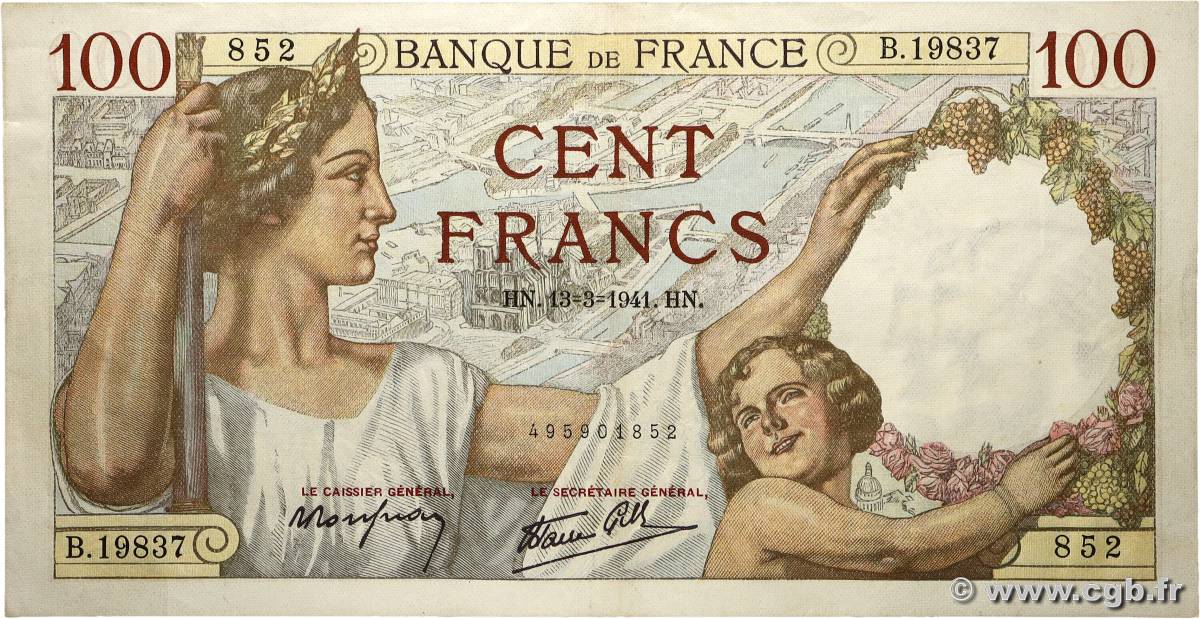 100 Francs SULLY FRANCE  1941 F.26.48 TTB+