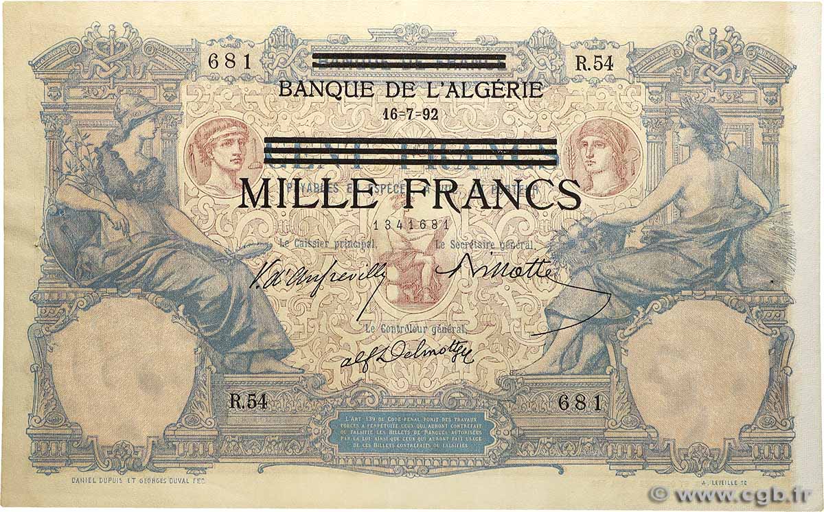 1000 Francs sur 100 Francs TUNESIEN  1892 P.31 VZ+
