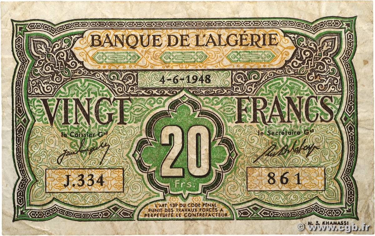 20 Francs ALGÉRIE  1948 P.103 TB