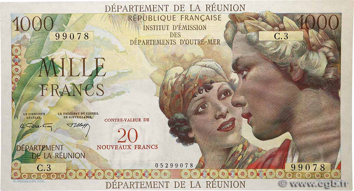 20 NF sur 1000 Francs Union Française ISOLA RIUNIONE  1971 P.55b q.FDC