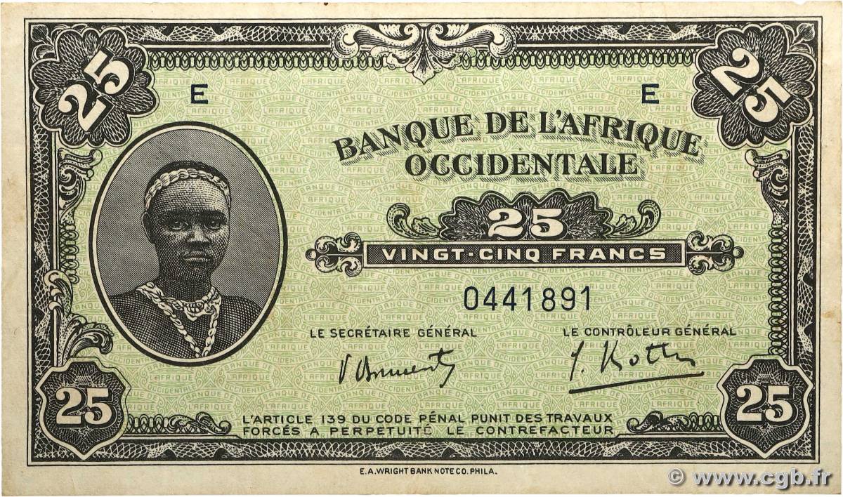 25 Francs AFRIQUE OCCIDENTALE FRANÇAISE (1895-1958)  1942 P.30a TTB