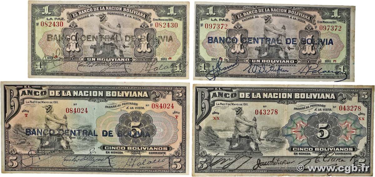 1 et 5 Bolivianos Lot BOLIVIE  1911 P.105a, 112 et P.113 TB à TTB