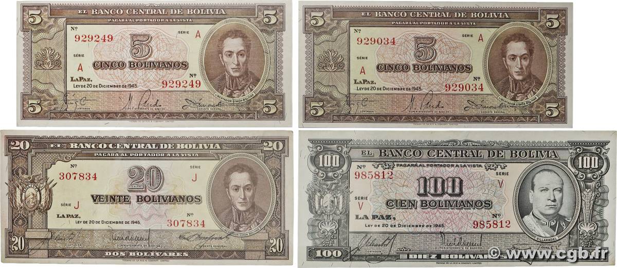 5, 20 et 100 Bolivianos Lot BOLIVIE  1945 P.138a, P.140 et P.147 SUP