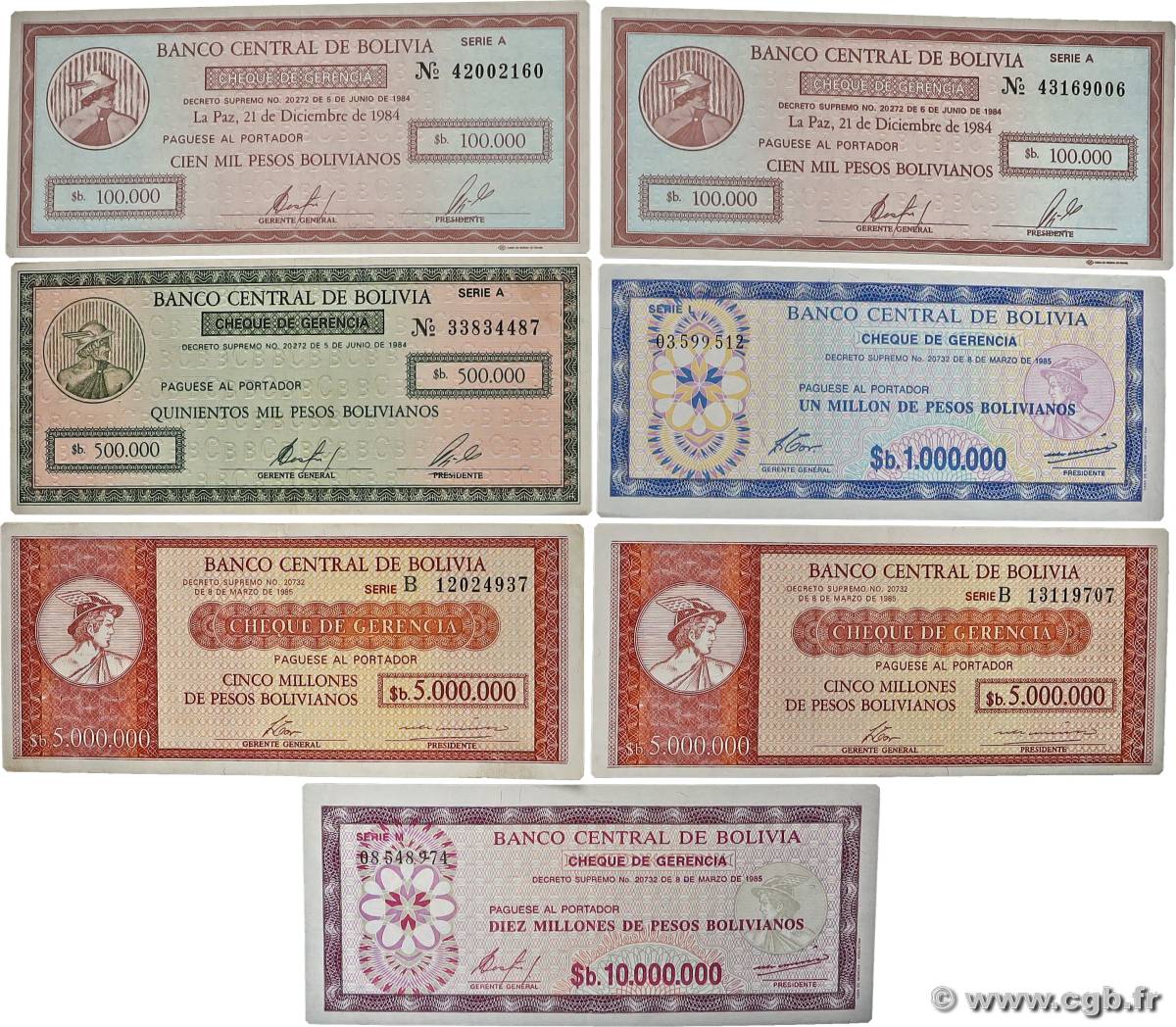 Lot de 7 billets Lot BOLIVIE  1984 P.LOT SUP