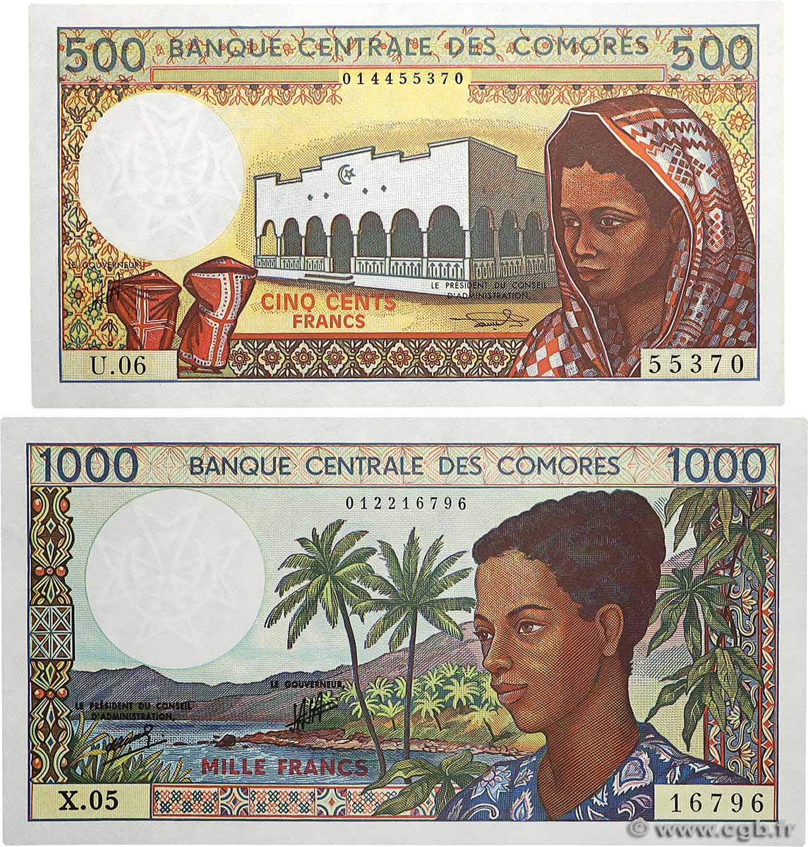 500 et 1000 Francs Lot COMOROS  1994 P.10b3 et P.11b2 UNC-