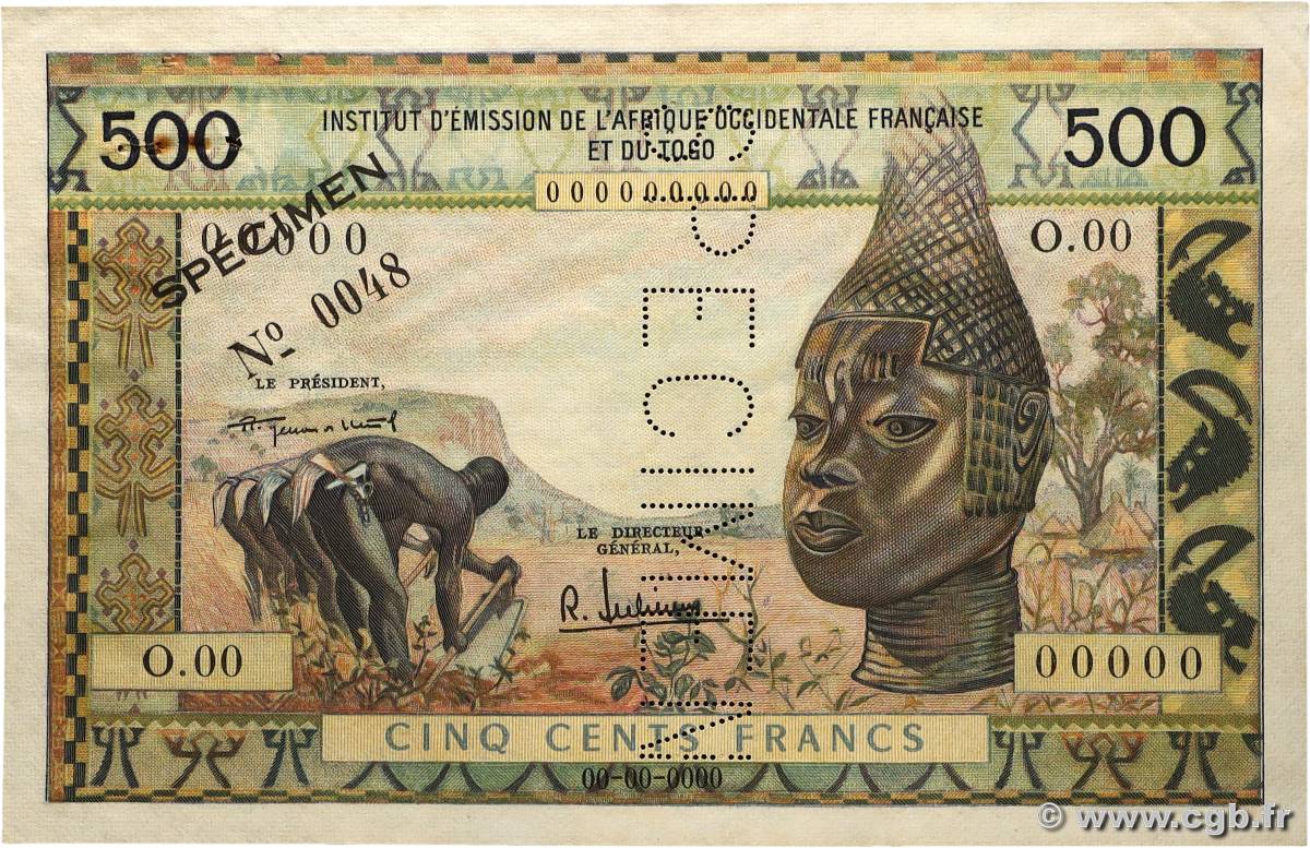 500 Francs Spécimen FRENCH WEST AFRICA  1957 P.47s VF+