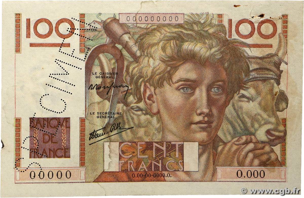 100 Francs JEUNE PAYSAN Spécimen FRANCE  1945 F.28.01Sp TTB+